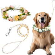 Dog Flower Collar and Leash Set for Large Dogs Pearls Beaded Dog Leash Collar Bows for Wedding Attire Wreath Pet Photo Prop