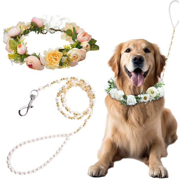 Dog Flower Collar and Leash Set for Large Dogs Pearls Beaded Dog Leash Collar Bows for Wedding Attire Wreath Pet Photo Prop